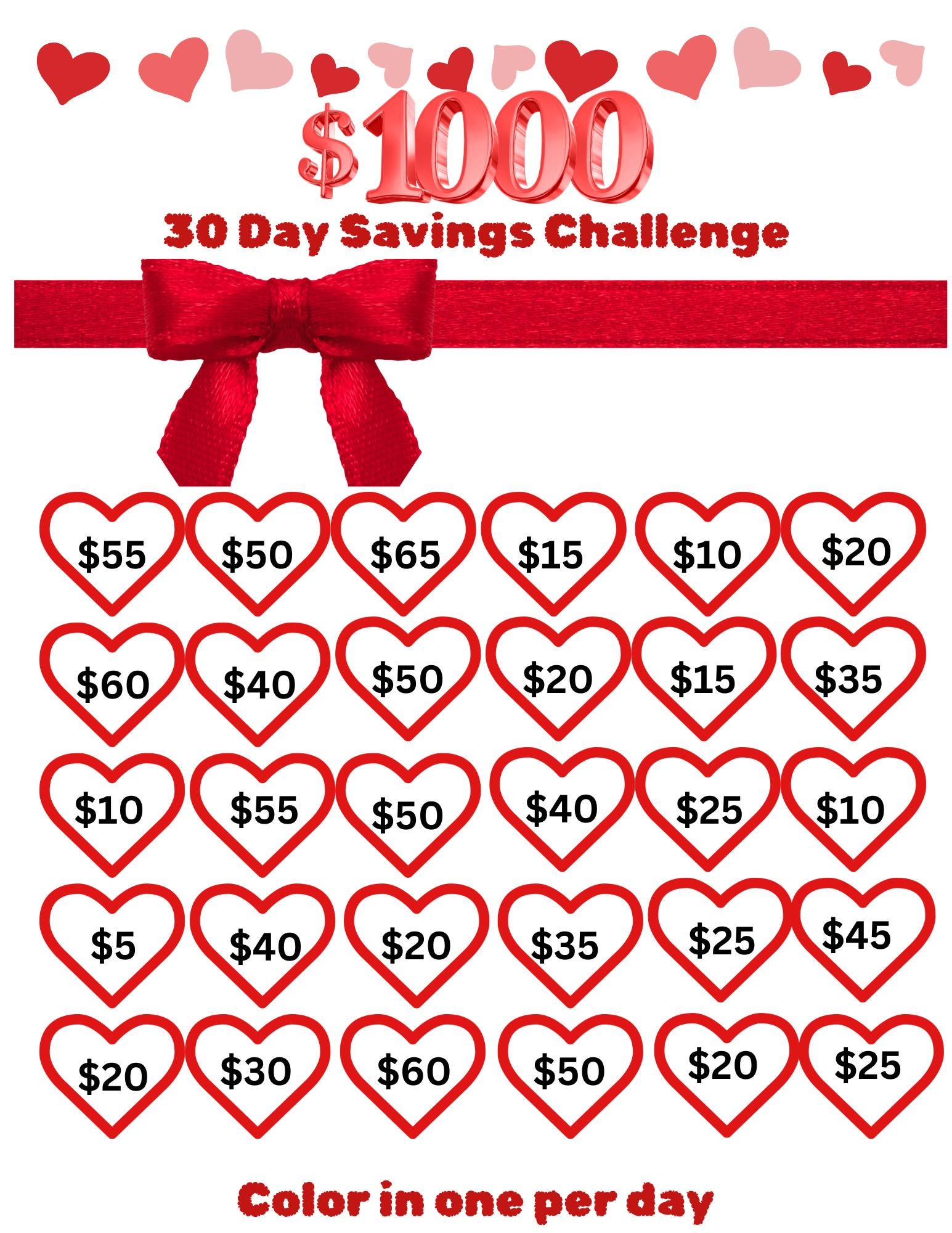 Cute Printable Savings Challenge | 1000 | Hearts | Super Simple Savings ...
