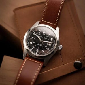 Vintage Hamilton Khaki Field automatisk klocka, schweizisk tillverkad, mekanisk, självuppdragande, 42 mm, svart urtavla, rostfritt stål, klassisk militär stil