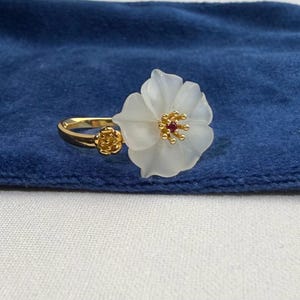 Sakura Jade Ring 18K Gold | Hand Carved Nephrite Flower Ring with Ruby | Cherry Blossom Ring US6.75 | Fine Floral Jewelry Gift