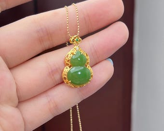 Jade Hulu pendant Siberian Apple green nephrite gold plated with certificate 5492