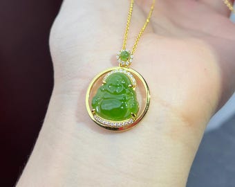 Jade laughing Buddha pendant Siberian Apple green nephrite gold plated with certificate 5492