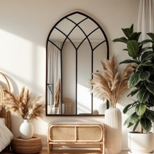 Gothic Arched Window Wall Mirror, Window Pane Big Arch Mirror, Decorative Wooden Frame Black Mirror, Asymmetrical Large Living Room Mirror