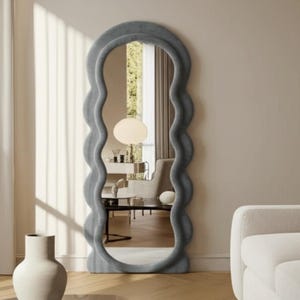 Asymmetrical Full Length Curvy Fabric Floor Mirror - Irregular Full Body Long Squiggle Mirror - Fabric Frame Wave Tall Mirror for Entryway