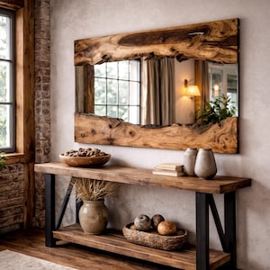 Espelho de madeira de oliveira com borda natural: decoração de parede rústica assimétrica