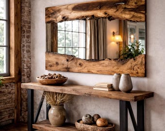 Live Edge Olive Wood Mirror: Asymmetrical Rustic Wall Decor