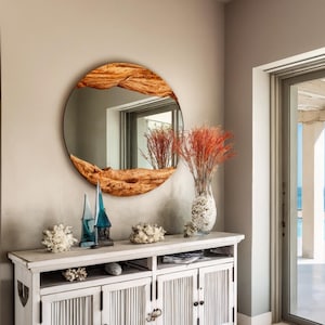Handmade Mirror with Live Edge Detail, Circular Olive Wood Mirror, Natural Design Large Wooden Mirror, Decorative Rustic Round Wall Mirror