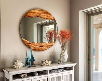Handmade Olive Wood Mirror, Live Edge Round Wall Decor