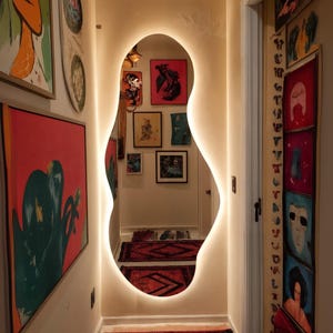 Asymmetrical Full Length Mirror With Led Lighted, Irregular Full Body LED Mirror for Living Room, Decorative Tall Backlit Bathroom Mirror
