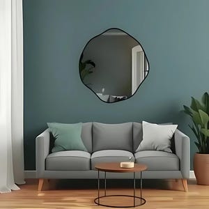 Asymmetrical Round Framed Wall Mirror, Modern Scalloped Mirror for Bathroom or Bedroom, Unique Wavy Mirror in Gold Frame, Black Round Mirror
