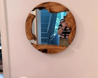 Live Edge Olive Wood Wall Mirror: Round Wooden Frame