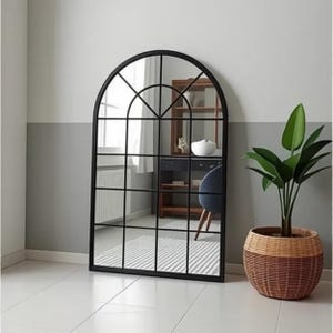 Arched Window Mirror, Full Length Arch Mirror, Farmhouse Asymmetrical Mirror, Irregular Big Garden Mirror, Windowpane Black Window Mirror