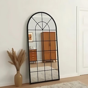 Arched Window Mirror, Full Length Arch Mirror, Asymmetrical Farmhouse Mirror, Irregular Big Wall Garden Mirror - Rustic Black Window Mirror