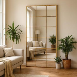 Full Length Arched Window Mirror, Full Body Oversize Arched Mirror, Wooden Frame Big Farmhouse Mirror, Rectangular Tall Window Pane Mirror