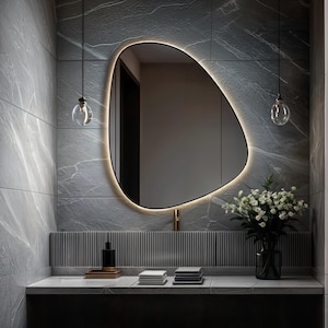 Asymmetrical Bathroom Mirror with LED Lights, Irregular Backlit Wall Mirror, Wall Hanging Decorative Mirror, Modern Vanity Large Mirror