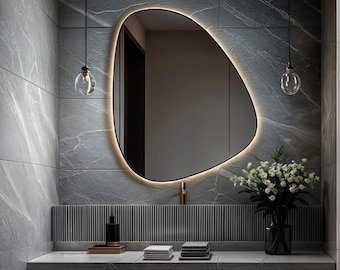 Asymmetrical LED Bathroom Mirror, Backlit Irregular Wall Decor