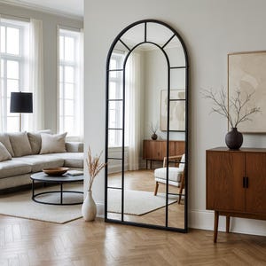 Full Length Arched Window Mirror, Full Body Oversize Arch Mirror, Wooden Frame Big Farmhouse Mirror, Asymmetrical Garden Window Pane Mirror