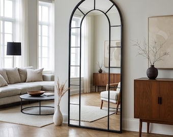 Full Length Arched Window Mirror, Full Body Oversize Arch Mirror, Wooden Frame Big Farmhouse Mirror, Asymmetrical Garden Window Pane Mirror