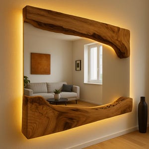 Pode incluir: Um espelho de madeira quadrado grande com uma moldura natural de borda viva. O espelho tem um tom marrom quente e é iluminado por uma luz amarela suave nas bordas. O espelho reflete uma cena da sala de estar.