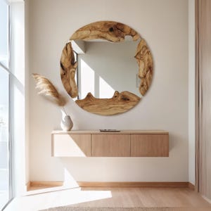 Live Edge Round Mirror, Wooden Frame Wall Mirror, Olive Wood Circular Mirror for Wall Decor, Circle Wood Large Mirror, Organic Wood Mirror