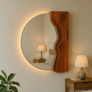 Lustro z drewna z żywą krawędzią i diodami LED, półokrągłe lustro z drewna oliwnego, ręcznie wykonane lustro z drewna z półokrągłymi krawędziami, duże lustro z drewna z diodami LED