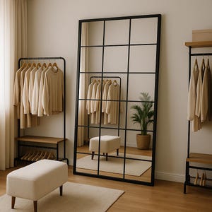 Full Length Arched Window Mirror, Full Body Oversize Arched Mirror, Wooden Frame Big Farmhouse Mirror, Rectangular Tall Window Pane Mirror