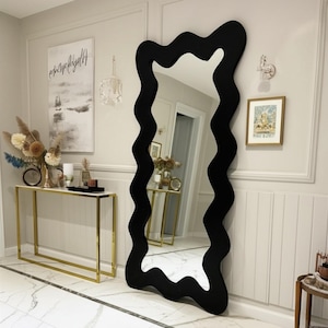 Wavy Full Length Floor Mirror with Wooden Frame - Asymmetrical Curvy Full Body Mirror -Irregular Squiggle Tall Mirror - Decorative Mirror