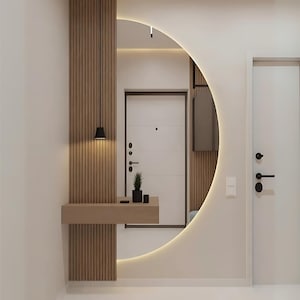 Half Round LED Mirror, Half Moon Backlit Mirror, Full Length Mirror for Bathroom or Living Room, Entryway Mirror, Decorative Hallway Mirror