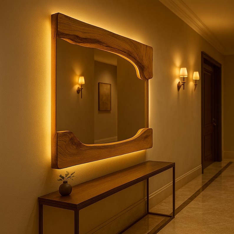Unique handcrafted wood mirror with integrated LED light, image is AI-generated for concept display