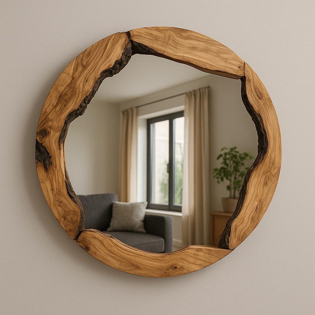 Wooden Frame Round Mirror, Live Edge Wood Wall Mirror, Olive Wood