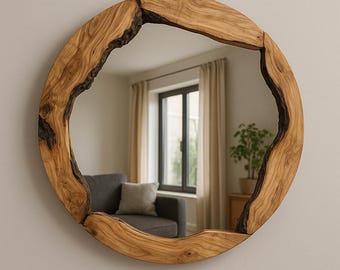 Wooden Frame Round Mirror, Live Edge Wood Wall Mirror, Olive Wood Round Mirror for Wall Decor, Circle Wood Large Mirror, Organic Wood Mirror