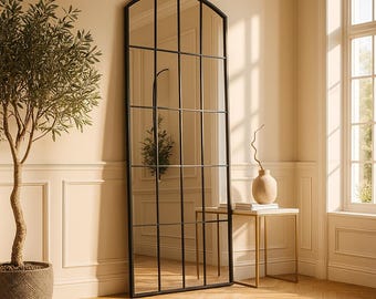 Full Length Window Floor Mirror, Full Body Oversize Arched Mirror, Wooden Frame Big Farmhouse Mirror, Asymmetrical Tall Window Pane Mirror