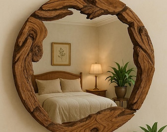 Wooden Frame Round Mirror, Handmade Mirror with Live Edge Detail, Olive Wood Round Mirror for Wall Decor, Natural Circle Wood Large Mirror
