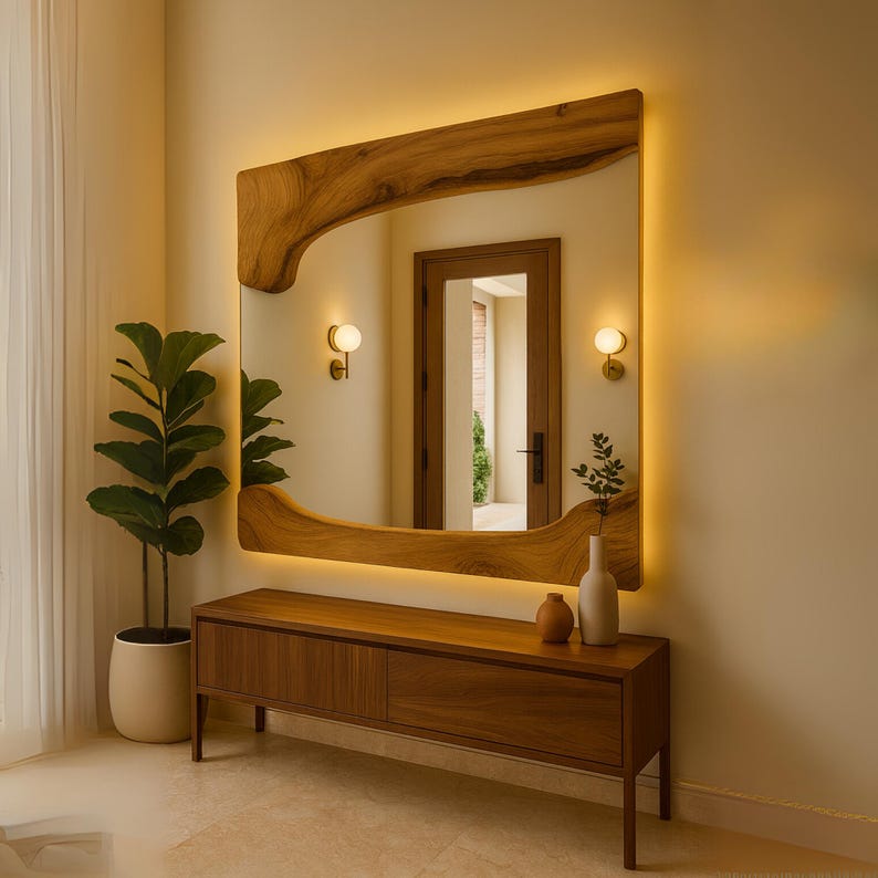 Handmade wooden frame mirror with soft LED glow, suitable for farmhouse or boho interiors