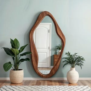 Asymmetrical Wooden Frame Wavy Mirror, Decorative Mid Century Mirror, Irregular Walnut Mirror, Wood Frame Mirror for Living Room & Bedroom