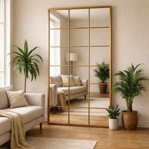 Full Length Arched Window Mirror, Full Body Oversize Arched Mirror, Wooden Frame Big Farmhouse Mirror, Rectangular Tall Window Pane Mirror