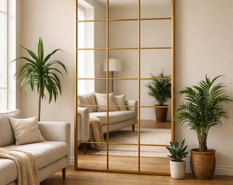 Full Length Arched Window Mirror, Full Body Oversize Arched Mirror, Wooden Frame Big Farmhouse Mirror, Rectangular Tall Window Pane Mirror