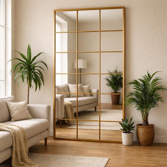 Full Length Arched Window Mirror, Full Body Oversize Arched Mirror, Wooden Frame Big Farmhouse Mirror, Rectangular Tall Window Pane Mirror