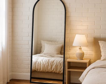 Arched Full Length Floor Mirror, Wooden Frame Full Body Floor Mirror for Bedroom or Living Room Mirror, Decorative Free Standing Mirror