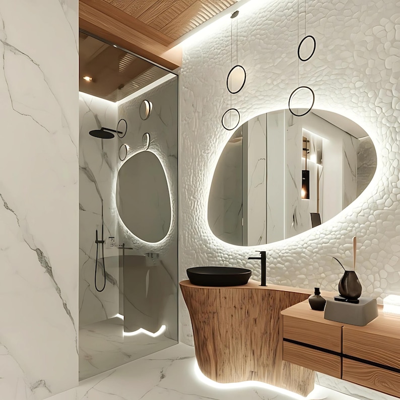 With its modern and stylish design, it harmonizes with any interior decoration. The circular large wall mirror will add a modern atmosphere to your spaces with LED lighting.