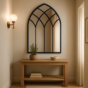 Gothic Arched Window Wall Mirror, Window Pane Big Arched Mirror, Decorative Wooden Frame Black Mirror, Asymmetrical Large Living Room Mirror
