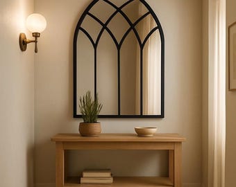 Gothic Arched Window Wall Mirror, Window Pane Big Arched Mirror, Decorative Wooden Frame Black Mirror, Asymmetrical Large Living Room Mirror