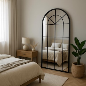 Arched Window Mirror, Full Length Arch Mirror, Asymmetrical Farmhouse Mirror, Irregular Big Wall Garden Mirror - Rustic Black Window Mirror