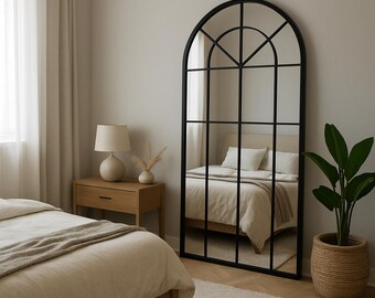 Arched Window Mirror, Full Length Arch Mirror, Asymmetrical Farmhouse Mirror, Irregular Big Wall Garden Mirror - Rustic Black Window Mirror
