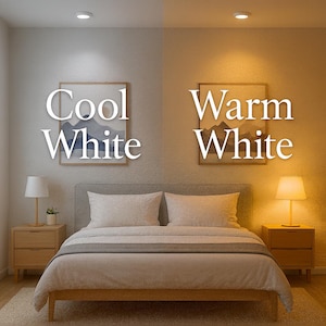 May include: A bedroom scene showcasing two lighting options: cool white and warm white. The left side features cool white light, with a painting labeled "Cool White." The right side displays warm white light, with a painting labeled "Warm White." The room includes a bed, nightstands, and lamps.