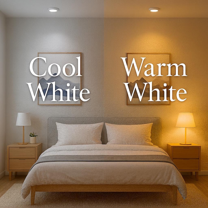 May include: A bedroom scene showcasing two lighting options: cool white and warm white. The left side features cool white light, with a painting labeled "Cool White." The right side displays warm white light, with a painting labeled "Warm White." The room includes a bed, nightstands, and lamps.
