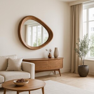 Reflect your style with irregular mirror, which is the perfect decorative option for your bedroom. The organic form of round mirror with gold edging adds sophistication to modern and luxurious interiors.