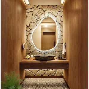 Asymmetrical Large LED Mirror, Irregular Long Mirror for Bathroom & Bedroom, Wall Hanging Decorative Backlit Mirror Vanity Mirror with Light