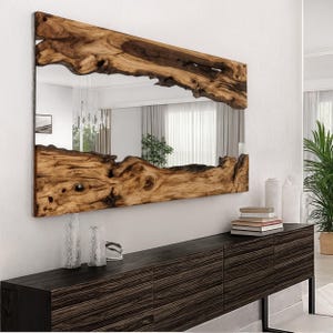 Olive Wood Rectangular Mirror, Asymmetrical Live Edge Wooden Mirror, Natural Design Large Wooden Frame Mirror, Decorative Rustic Wall Mirror