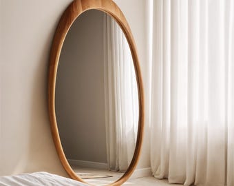 Asymmetrischer Walnuss Ganzkörperspiegel - unregelmäßiger Holzrahmen Bodenspiegel - Mid Century Wohnzimmer Spiegel - Dekorativer Standspiegel