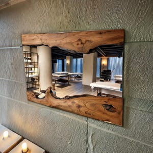 Live Edge Wooden Mirror, Asymmetrical Olive Wood Mirror, Natural Design Large Wooden Mirror, Rustic Wall Mirror, Rectangular Wood Mirror